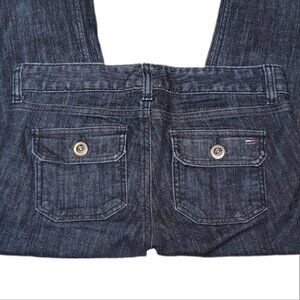 TOMMY HILFIGER Low Rise Bootcut Jeans Flap Patch Pocket Striated Dark Wash Denim